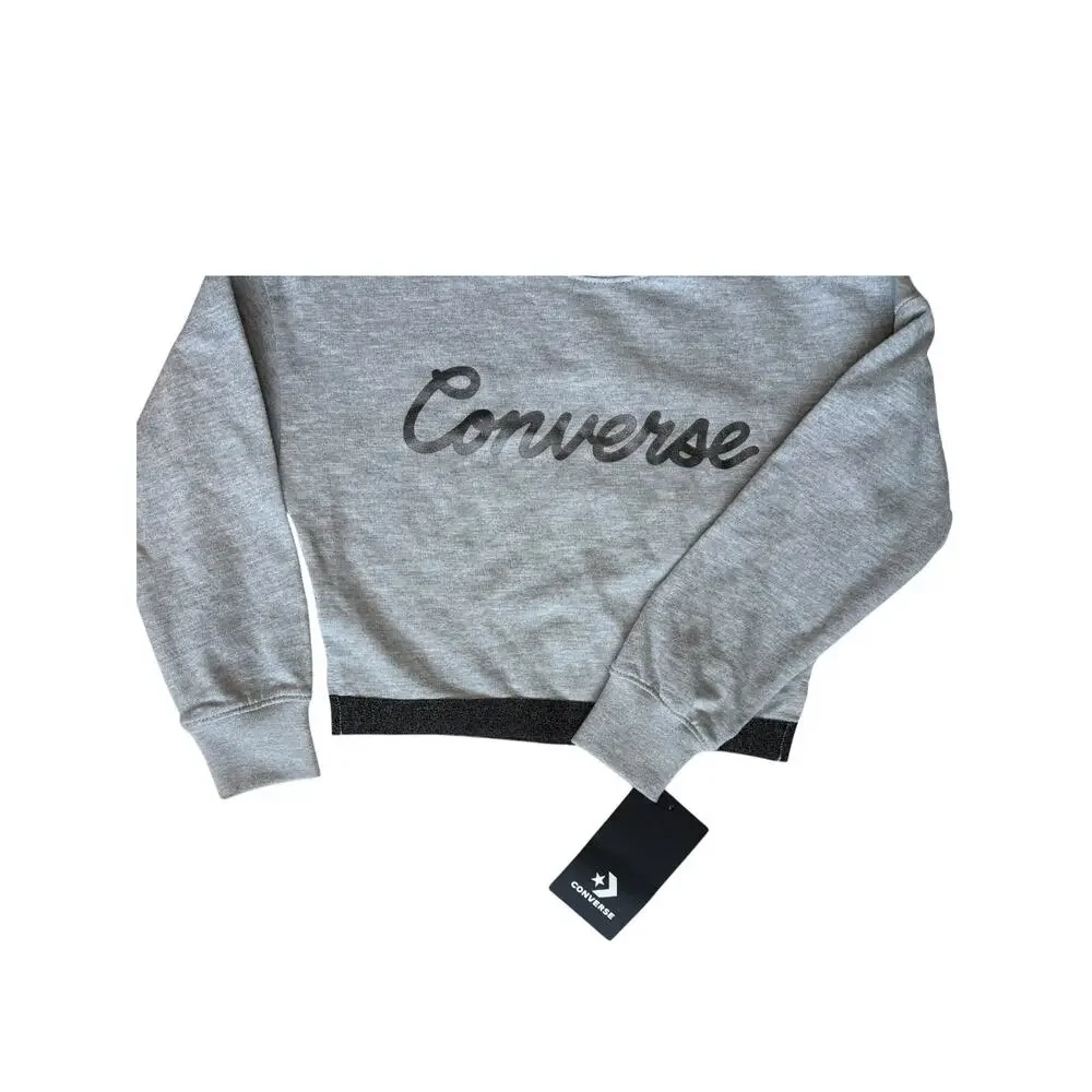 Converse Girls Size 4 Cropped Crewneck Sweatshirt Gray Metallic Silver Logo NWT